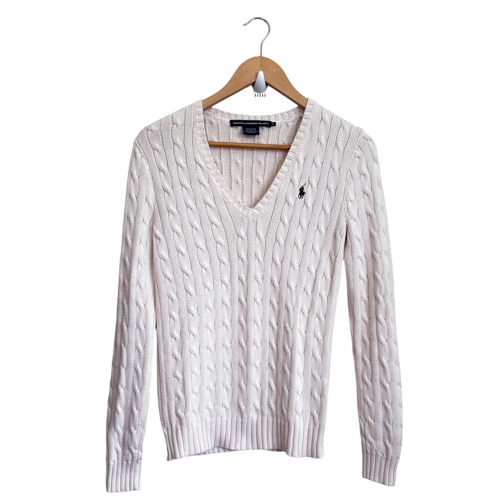 Ralph Lauren Womens Cable Knit Sweater Medium Cream Cotton Fisherman Preppy 90s